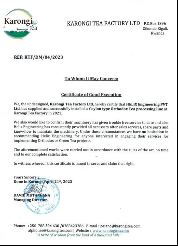 Certificate of Good Execution from Karongi Tea Factory Ltd, 21 April 2023