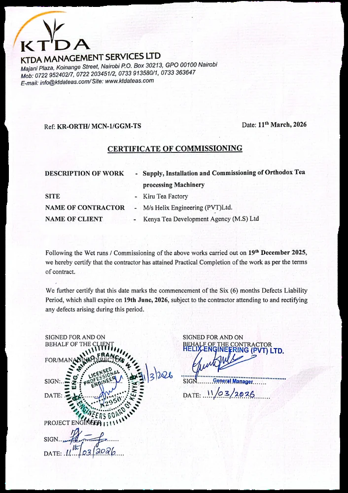 Certificate of Commissioning from KTDA Management Services Ltd for Kiru Tea Factory, 11 March 2026