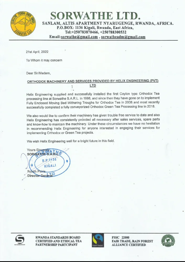Letter of recommendation from Sorwathe S.A.R.L., 21 April 2022
